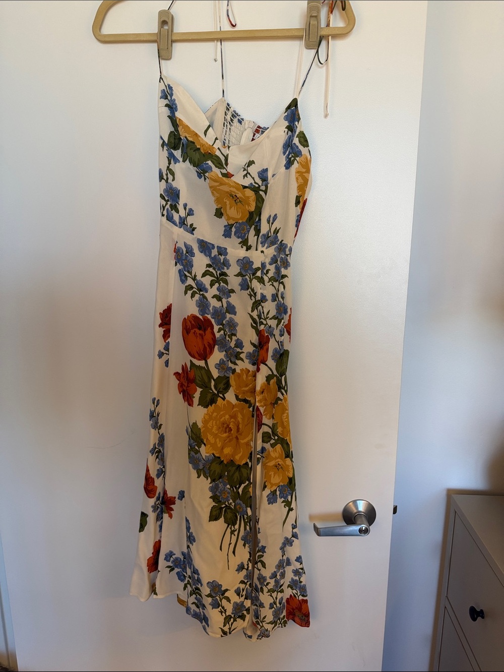 Reformation Cream Midi Slip Dress with Yellow, Blue & Red Floral Print
